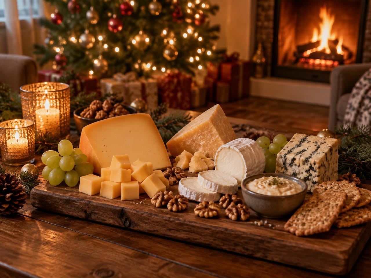 Kerstkaasplank met kaas, druiven en noten, met kerstboom en open haard op de achtergrond
