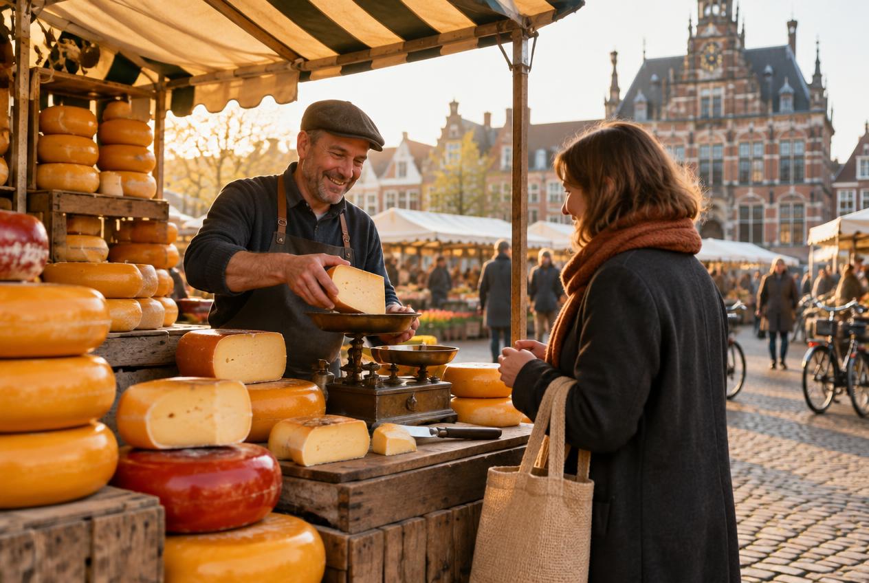 Kaasboer op een Nederlandse markt die een stuk kaas weegt boven zijn kraam vol kaaswielen