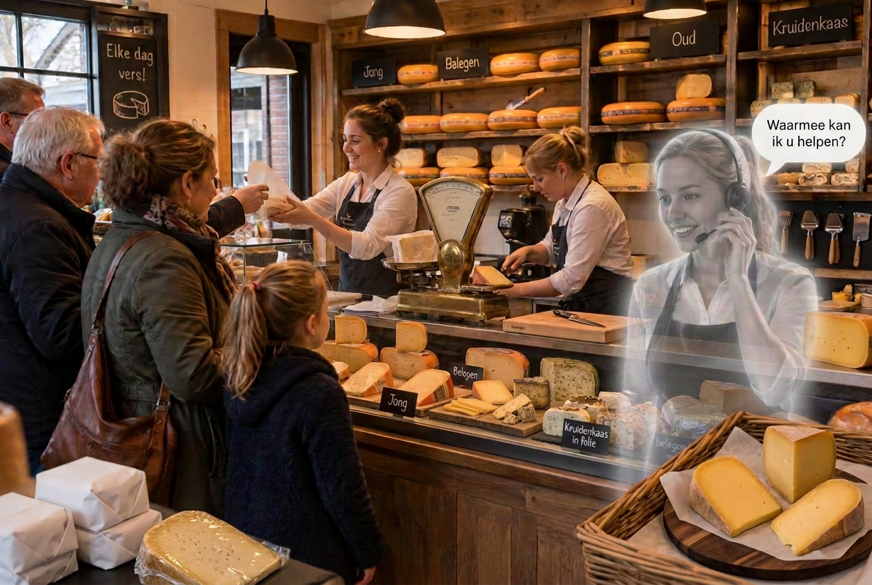 Drukke Nederlandse kaaswinkel met klanten voor de vitrine vol kazen en kaaswielen op de plank, terwijl een doorschijnende virtuele medewerker de telefoon opneemt met het tekstballonnetje Waarmee kan ik u helpen?